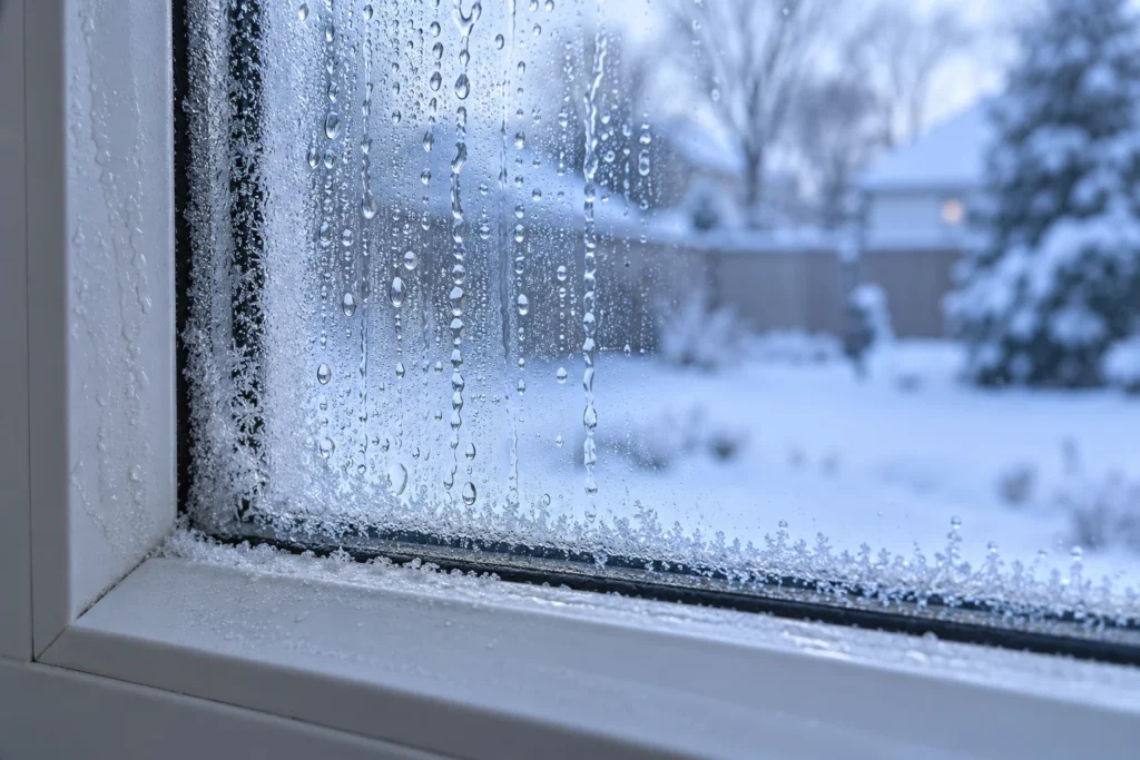 Condensation et givre sur une fenêtre en hiver, signe d’un air trop humide