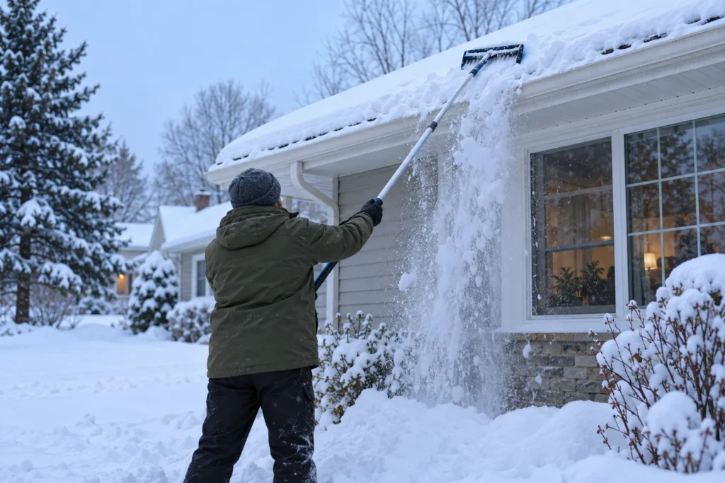 Déneigement du bas du toit depuis le sol avec un râteau à toiture