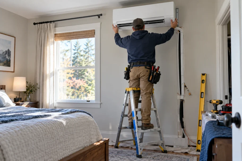 Installateur licencié qui installe une thermopompe murale