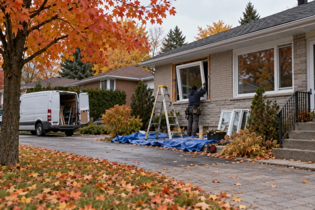 Maison unifamiliale au Québec pendant des travaux de rénovation extérieure