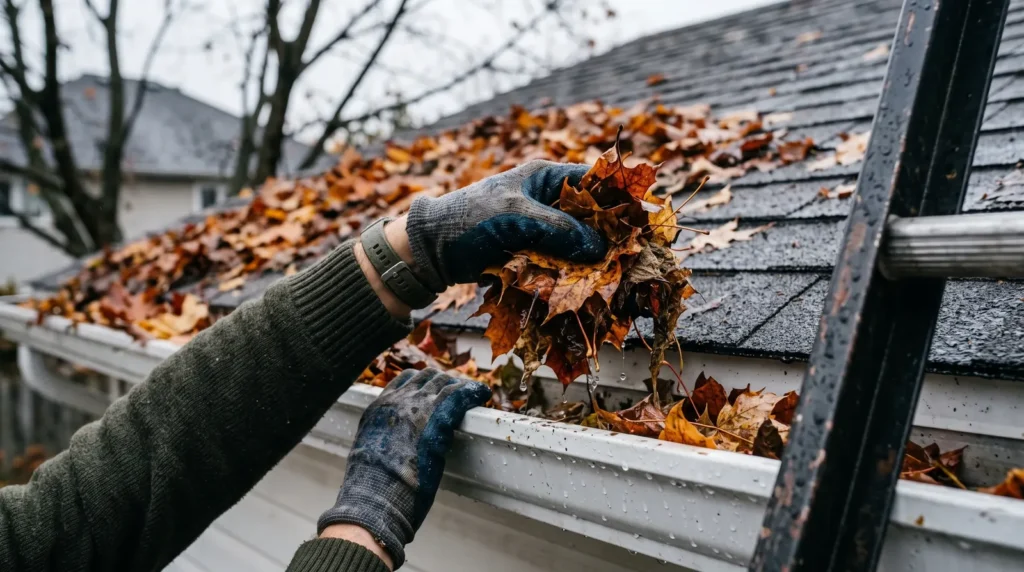 Nettoyage des gouttières remplies de feuilles, une étape clé pour préparer sa maison pour l’hiver