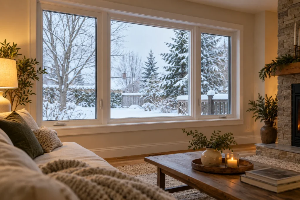 Nouvelles fenêtres écoénergétiques dans une maison en hiver