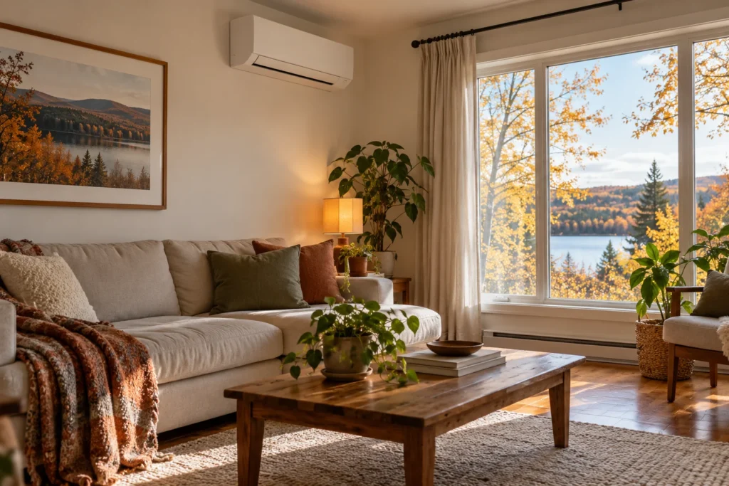 Thermopompe murale installée dans le salon d’une maison québécoise