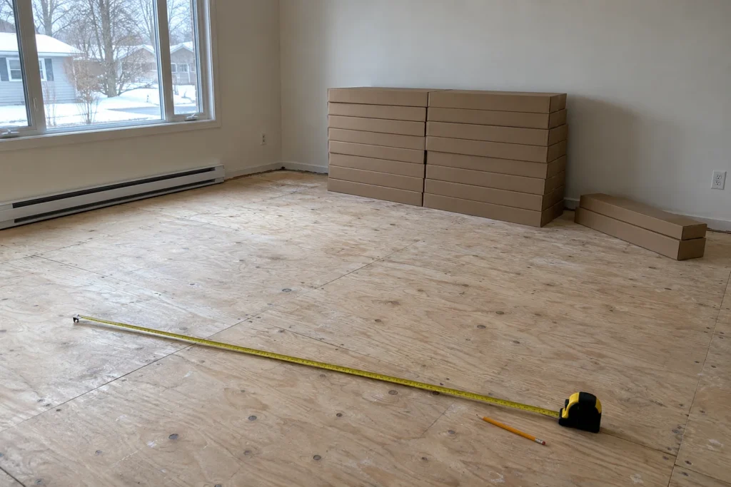 Boîtes de plancher de vinyle empilées dans un salon avant la pose, avec un ruban à mesurer