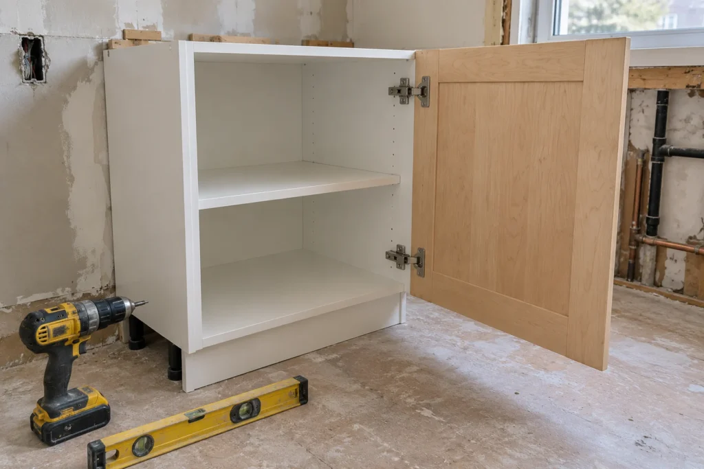 Caisson d’armoire en mélamine blanche avec une porte en érable massif entrouverte