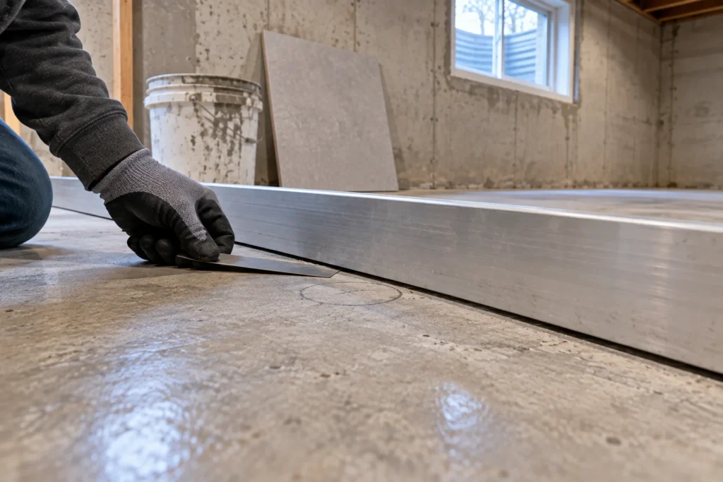 Vérification de la planéité d’un plancher avec une règle de 10 pi avant la pose de grands carreaux