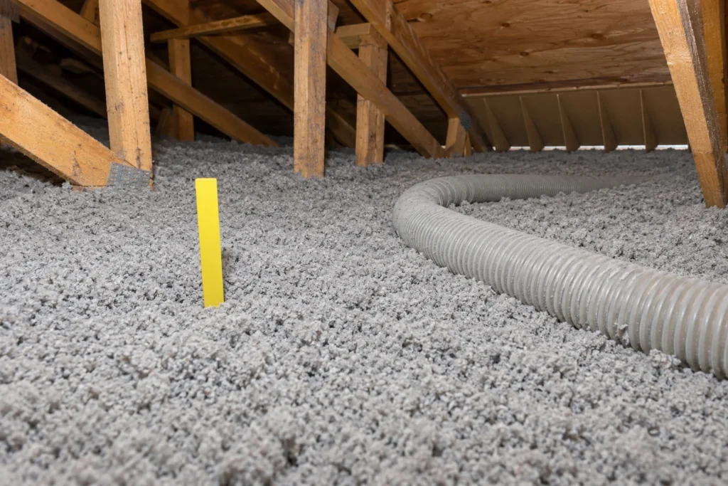 Cellulose soufflée dans un comble, avec une règle indiquant l’épaisseur