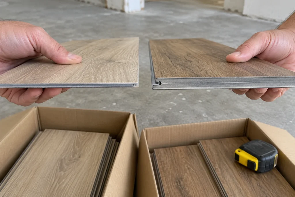 Deux planches de vinyle comparées côte à côte au-dessus de boîtes ouvertes