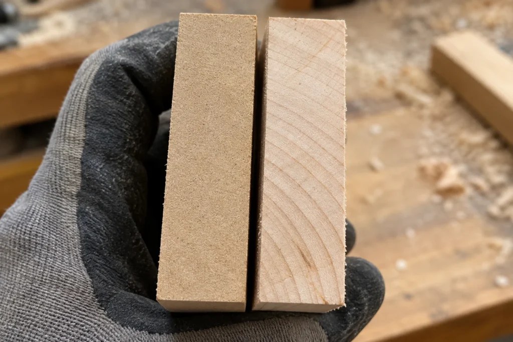 Gros plan sur la tranche d’un panneau de MDF et d’une planche de bois massif