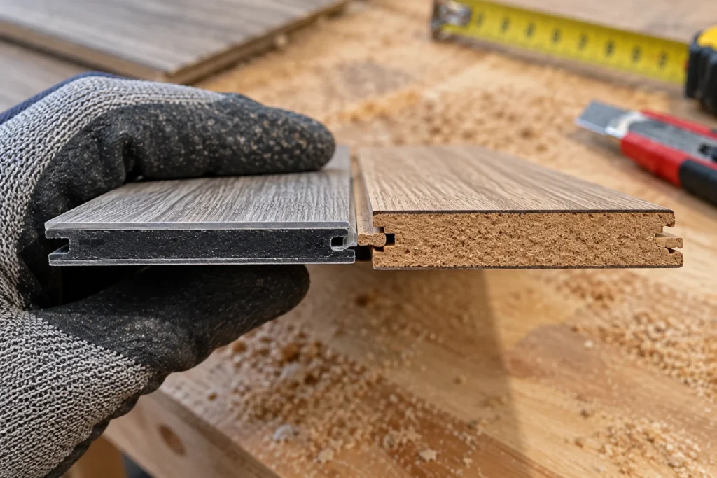 Coupe d’une planche de vinyle et d’une planche de stratifié montrant leur cœur
