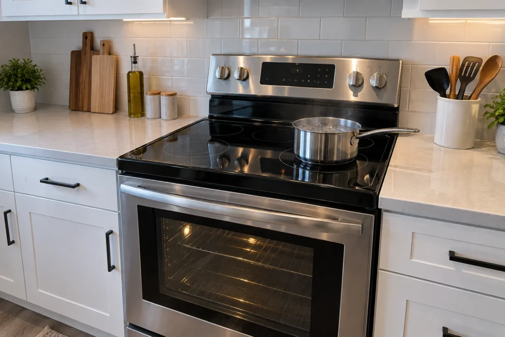 Cuisinière à induction avec quatre zones de cuisson et four à convection