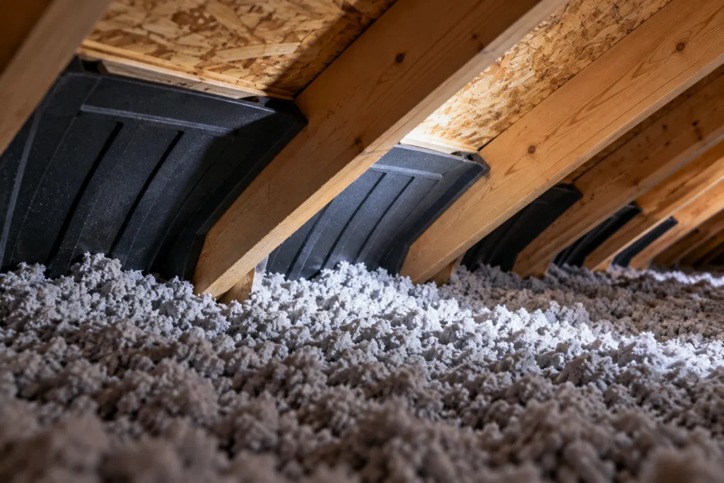 Déflecteurs de ventilation installés près des soffites dans l’entretoit