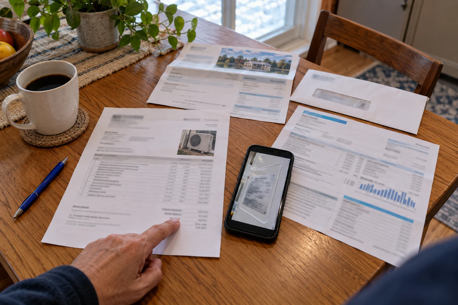 Documents pour la demande LogisVert sur une table de cuisine : facture d’installation, compte de taxes municipales et téléphone