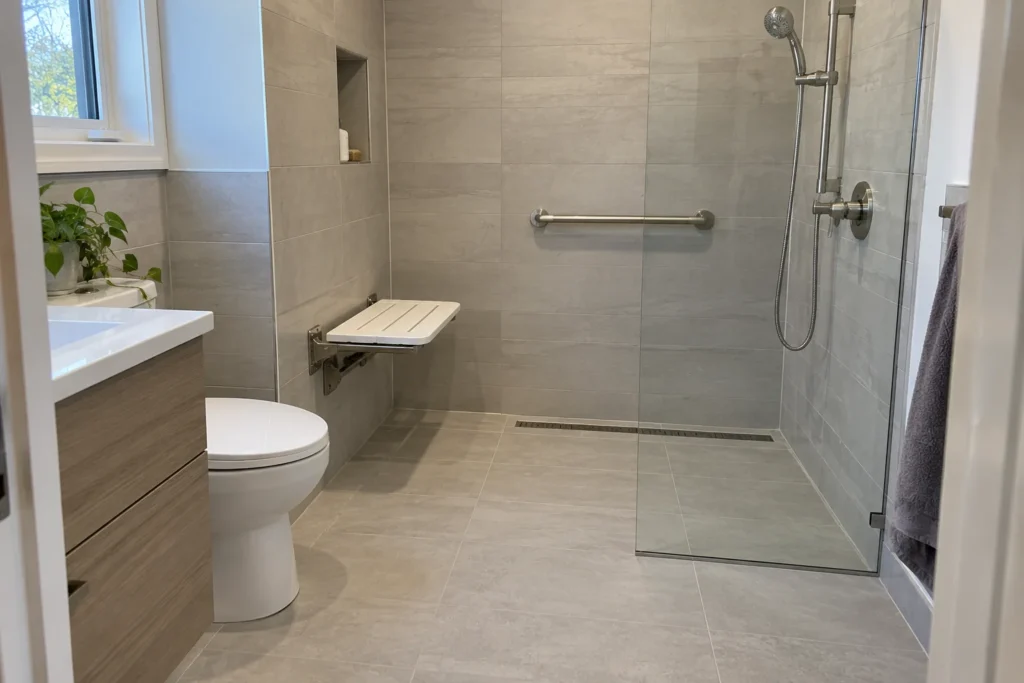 Douche sans seuil avec barre d’appui et banc, adaptée à une personne âgée