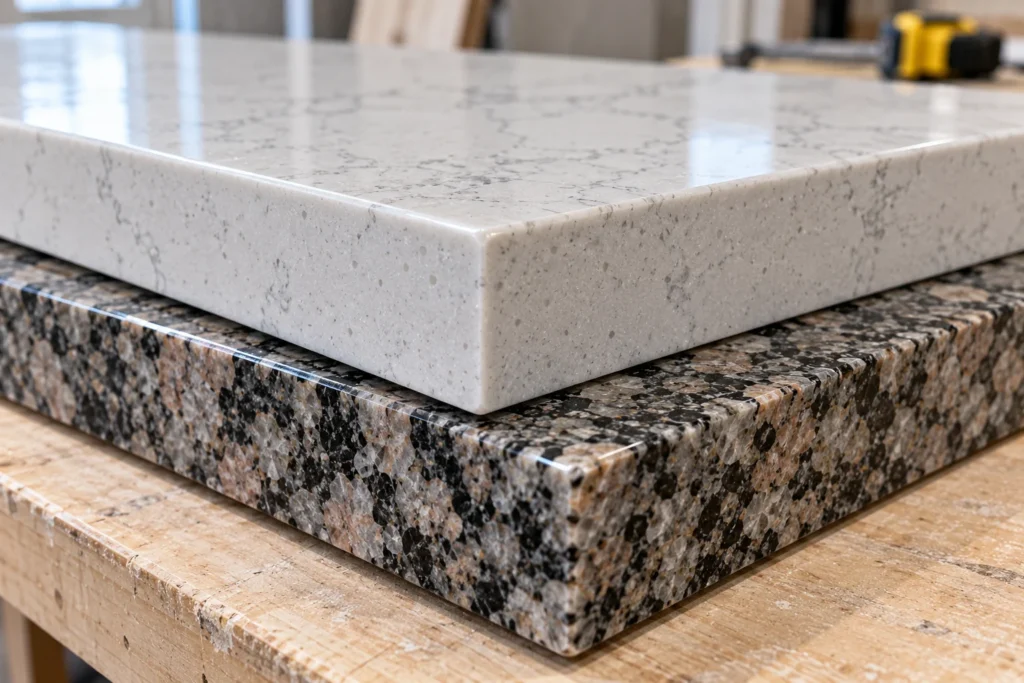 Gros plan sur la tranche d’une dalle de quartz et d’une dalle de granit