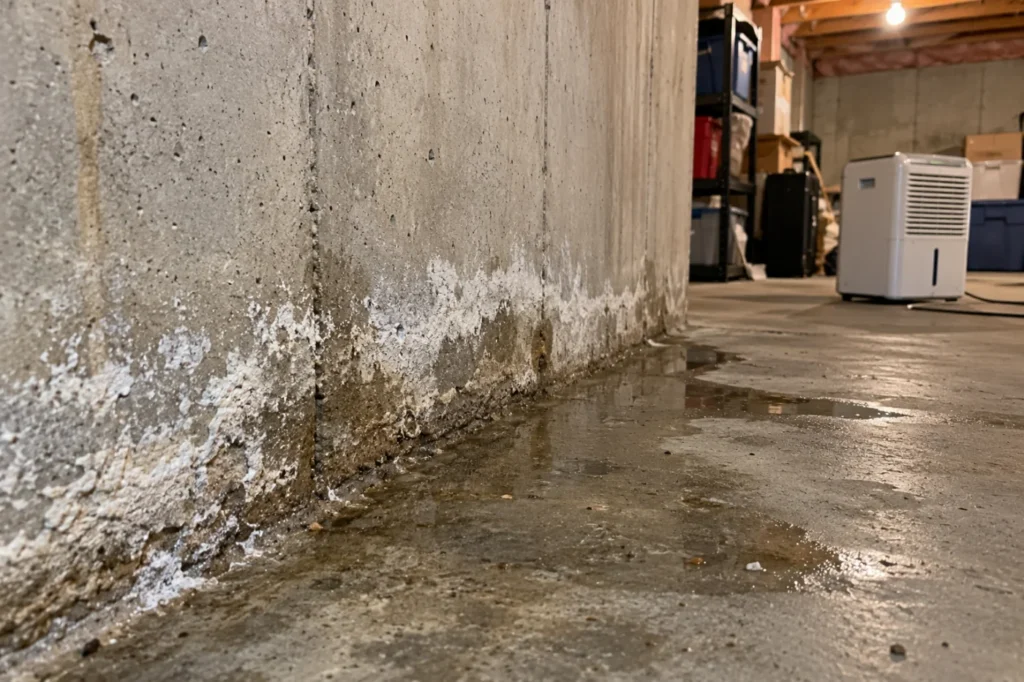 Efflorescence et humidité au bas d’un mur de sous-sol