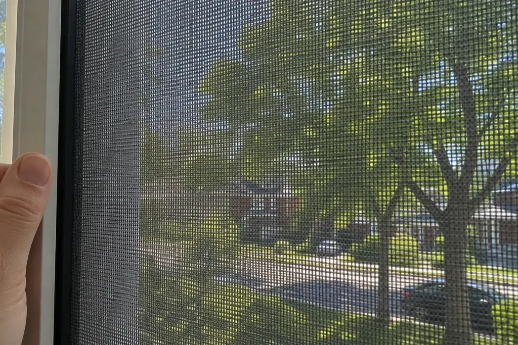 Gros plan sur le tissage micro-perforé d’une toile solaire avec vue filtrée sur le paysage extérieur