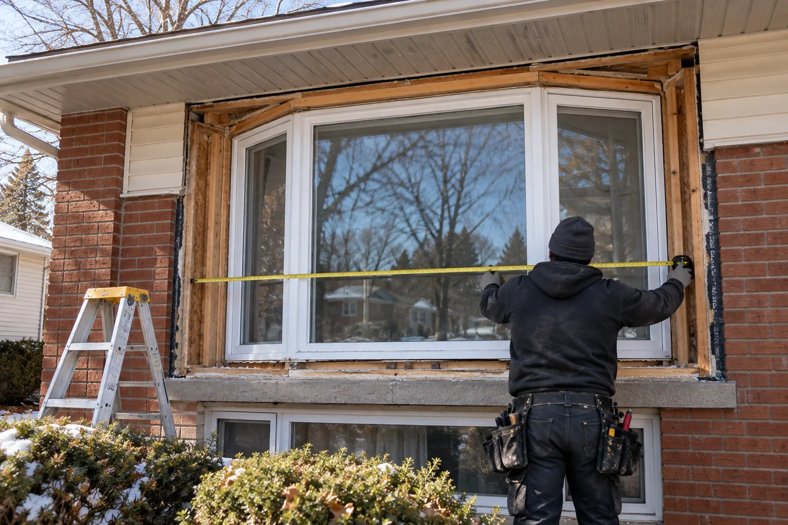 Fenêtre en baie de trois sections installée dans une seule ouverture brute