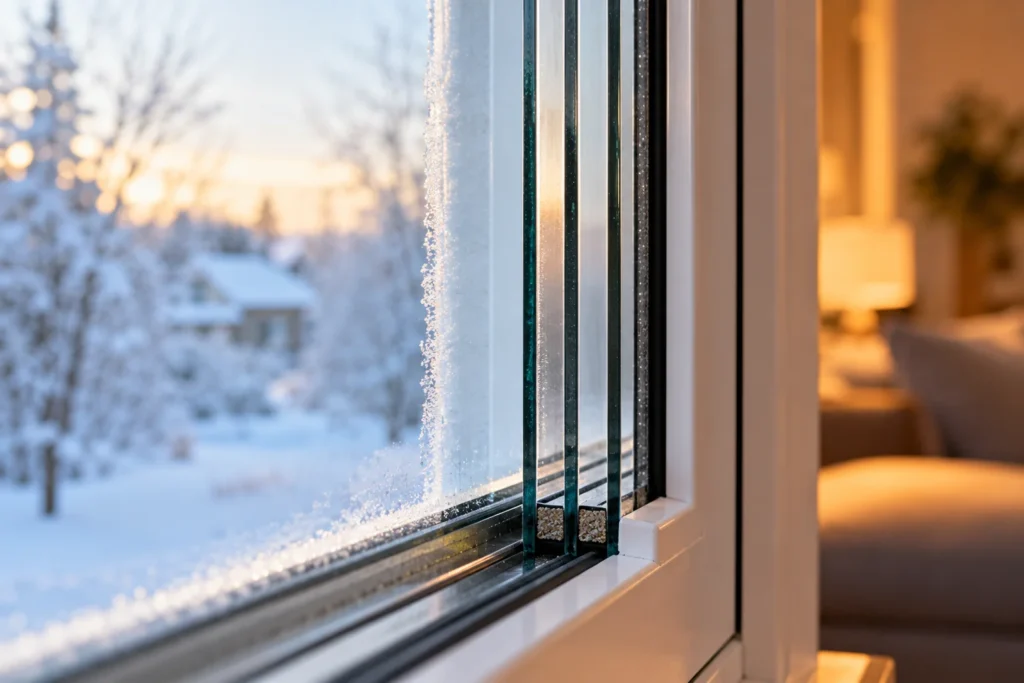 Fenêtre à triple vitrage en hiver