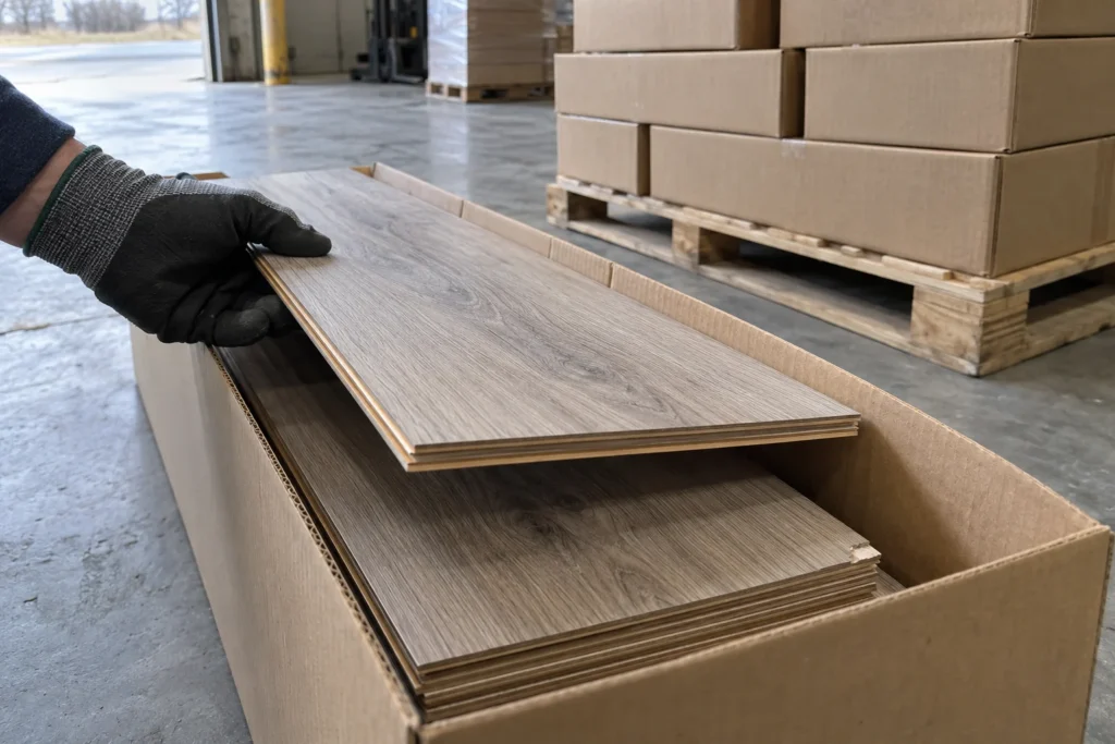 Inspection des coins et des chants de planches de plancher dans une boîte ouverte avant l’achat