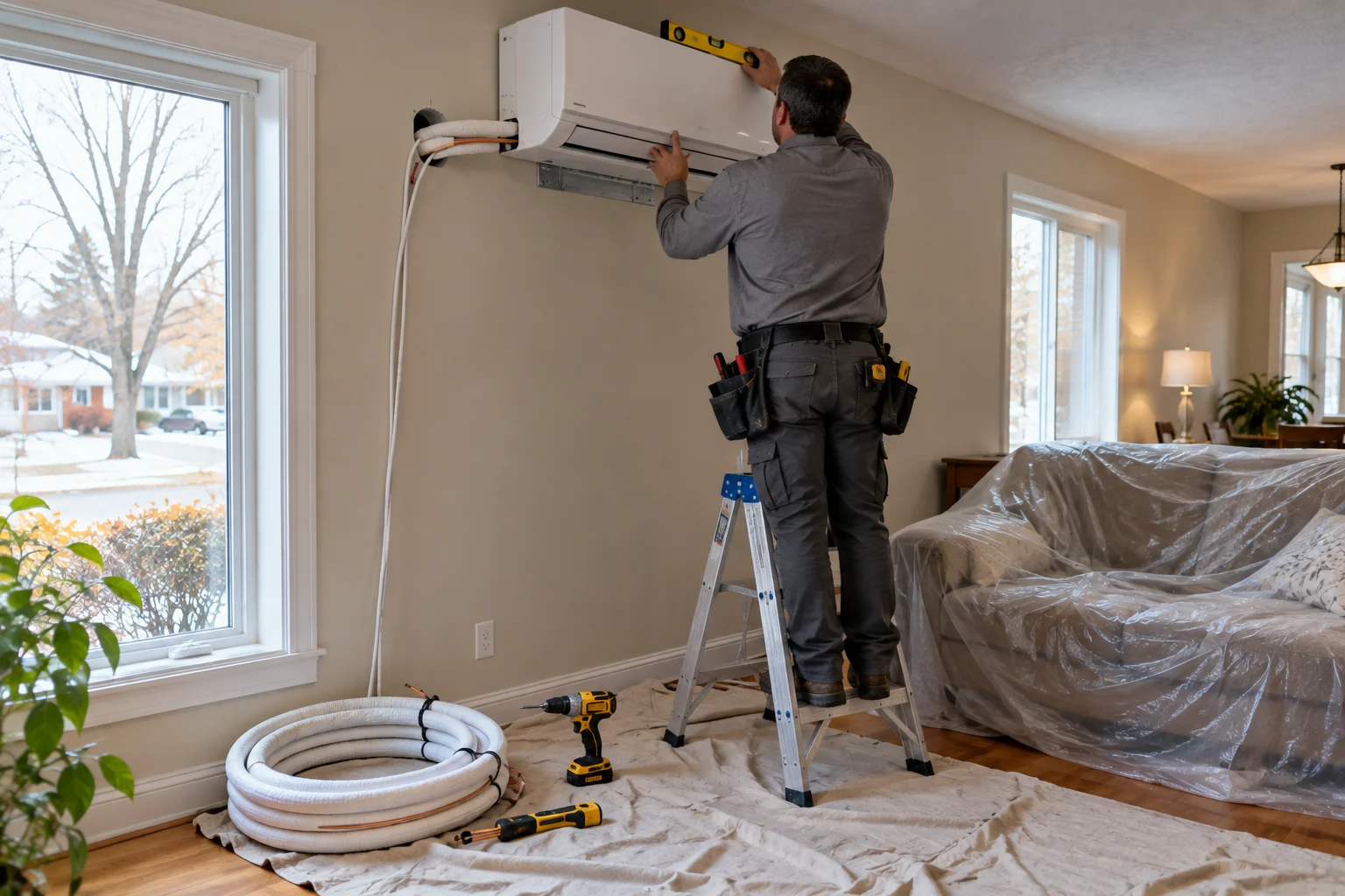 Installateur qui fixe l’appareil intérieur d’une thermopompe murale au-dessus d’une fenêtre de salon