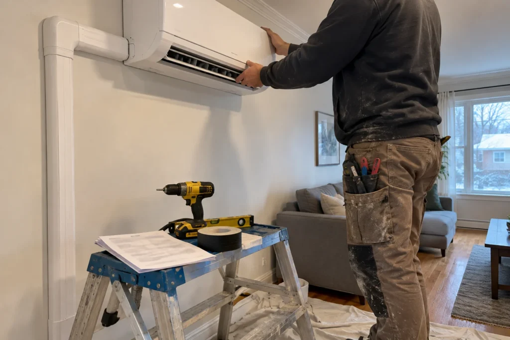 Installation d’une unité intérieure murale de thermopompe par un entrepreneur, facture et outils au premier plan