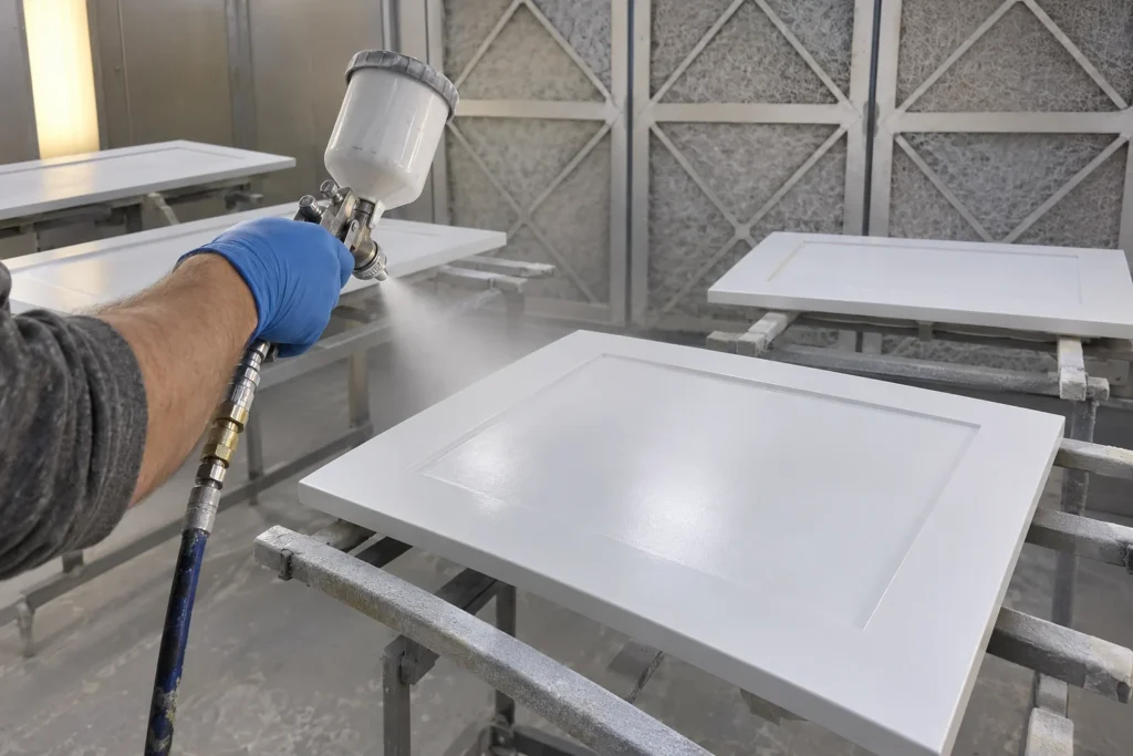 Application de laque au pistolet sur des portes d’armoires en MDF dans une cabine de peinture
