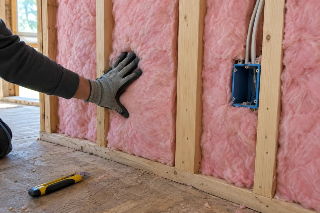 Matelas de fibre de verre posés entre les montants d’un mur à ossature de bois