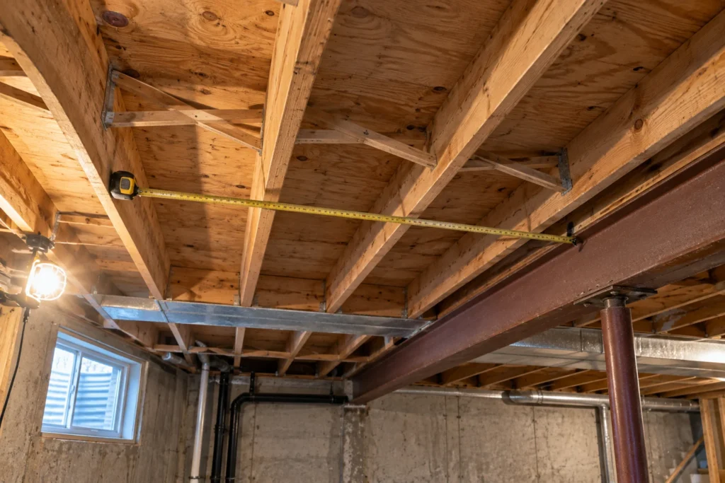 Solives et sous-plancher de bois vus du sous-sol, à vérifier avant la pose de grands carreaux