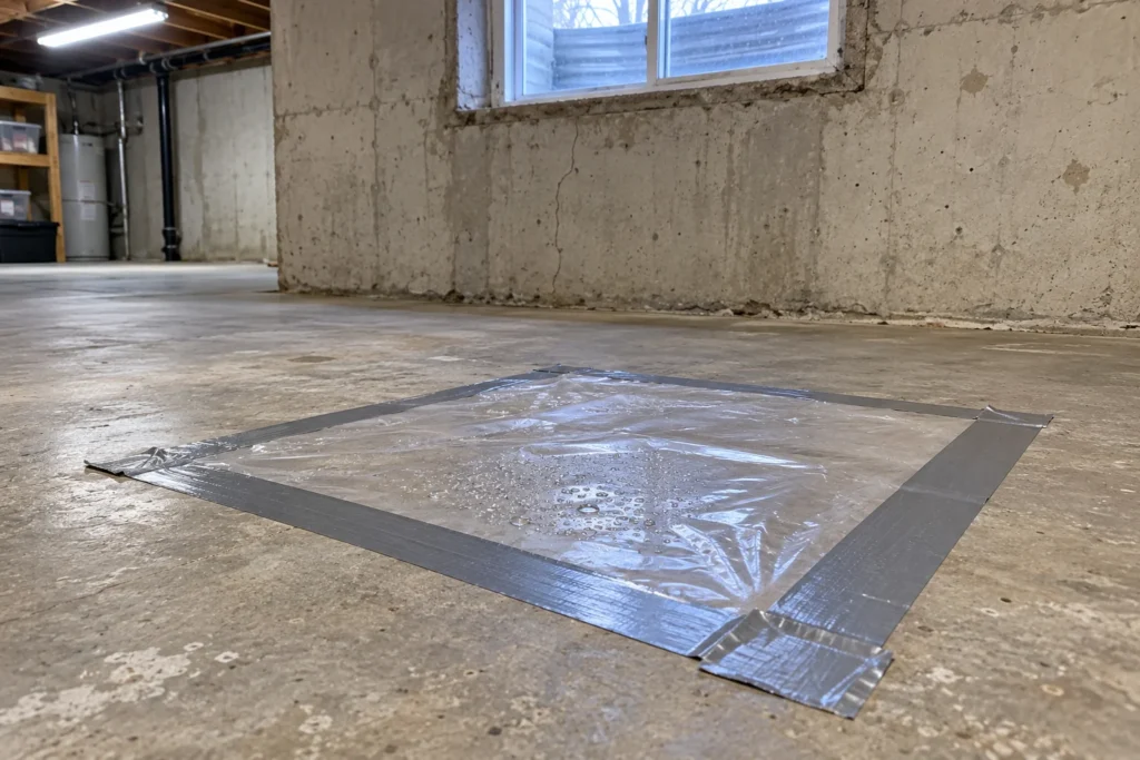 Carré de polyéthylène collé sur une dalle de sous-sol pour tester l’humidité