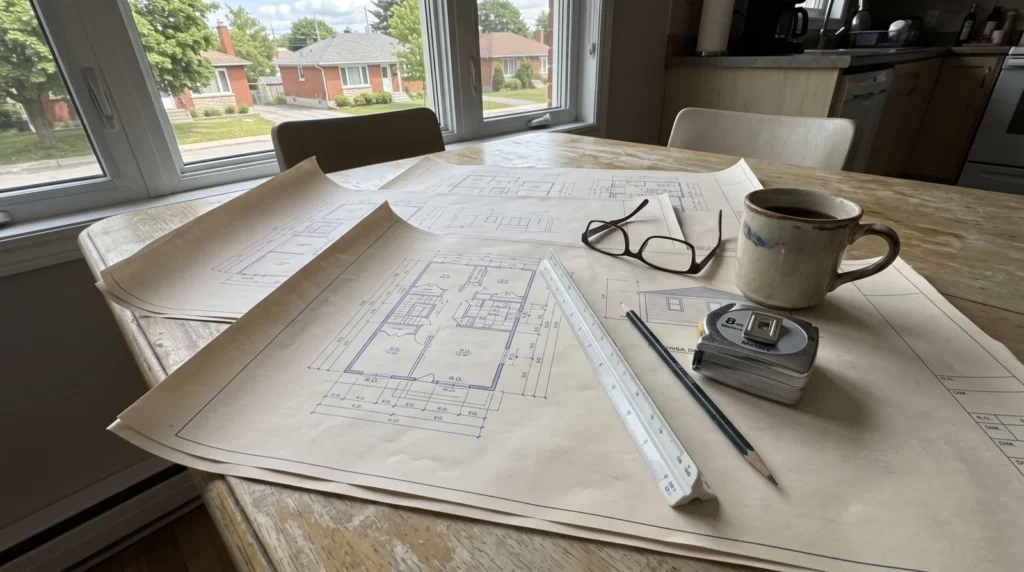 Plans d’un agrandissement de maison étalés sur la table de cuisine