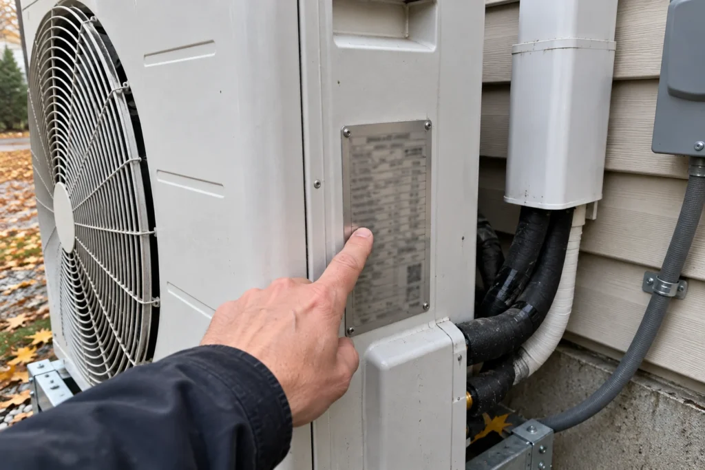 Plaque signalétique de l’appareil extérieur d’une thermopompe, où figurent le numéro de modèle et le numéro de série