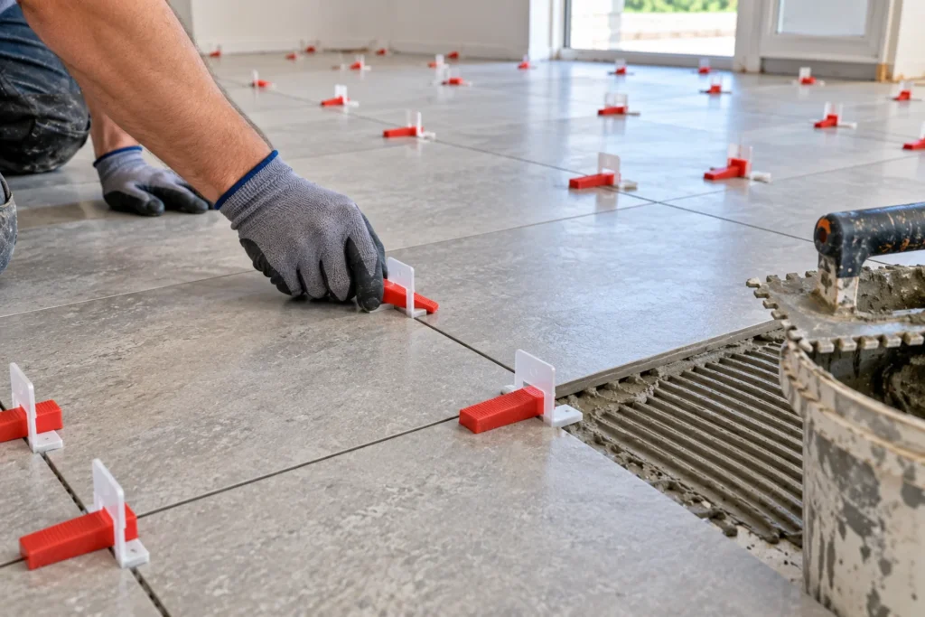 Cales de nivellement entre de grands carreaux posés avec un décalage d’un tiers