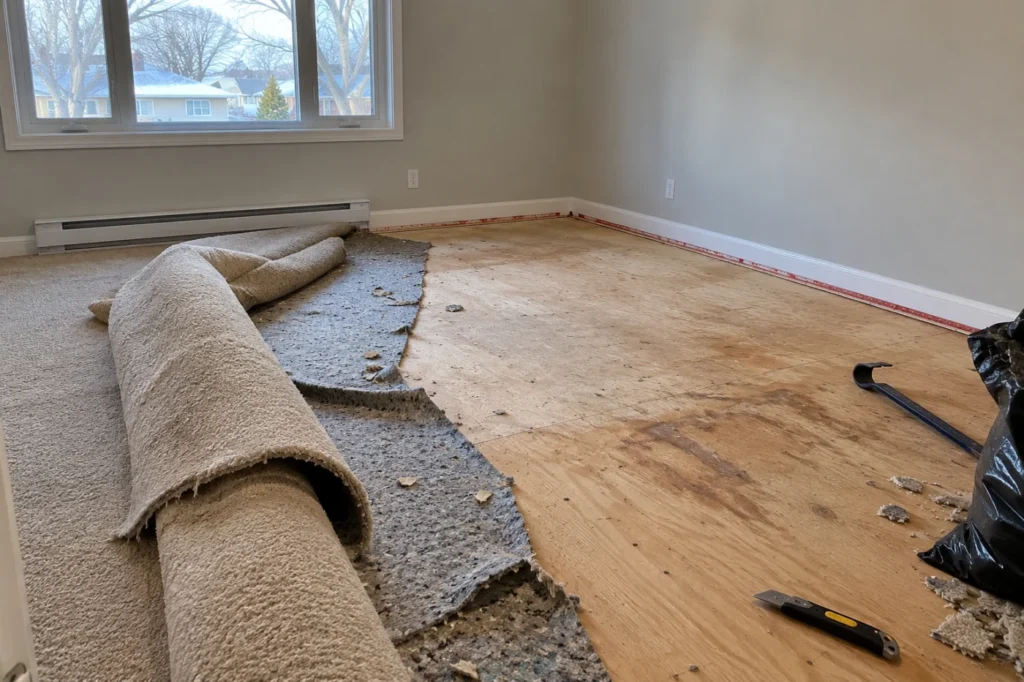 Retrait d’une vieille moquette et de la sous-couche avant la pose d’un nouveau plancher