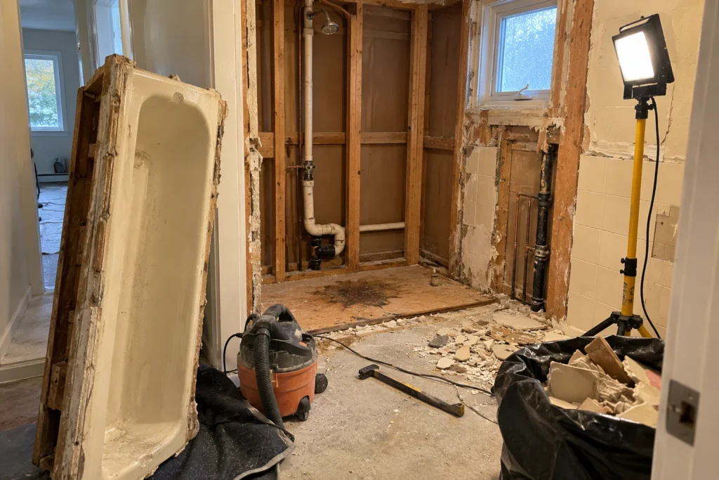 Salle de bain d’un bungalow pendant la démolition, ancienne baignoire retirée
