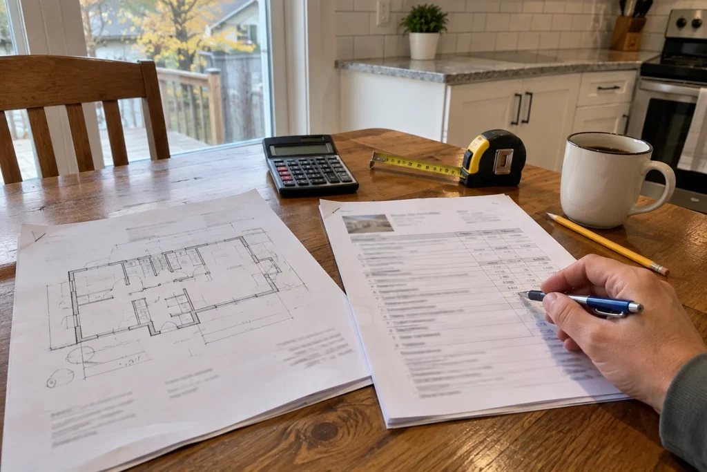 Plan de maison, soumission, calculatrice et ruban à mesurer sur une table de cuisine