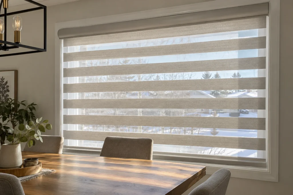 Store alterné zebra sur mesure avec cassette en aluminium dans une salle à manger moderne