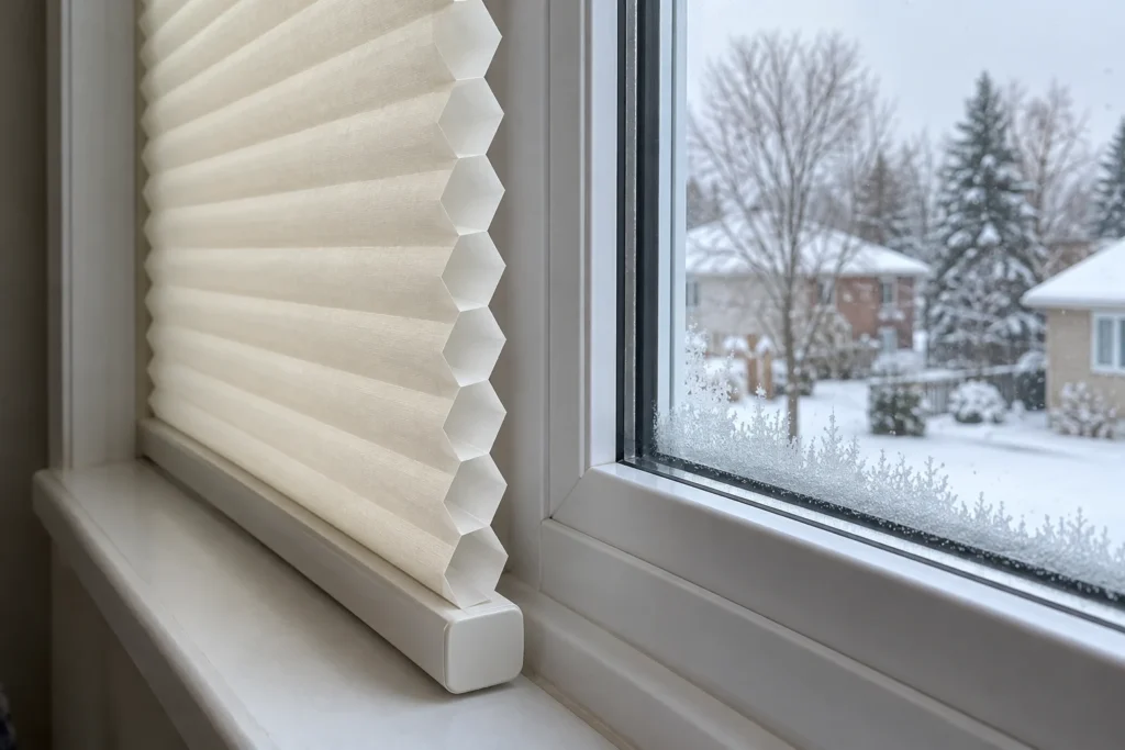 Store cellulaire alvéolaire en nid-d’abeilles posé à l’intérieur du cadrage d’une fenêtre en hiver