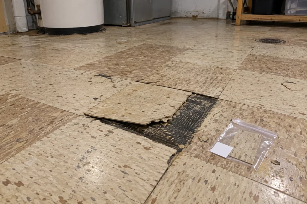 Vieilles tuiles de vinyle 9 × 9 po dans un sous-sol, à faire analyser avant le retrait