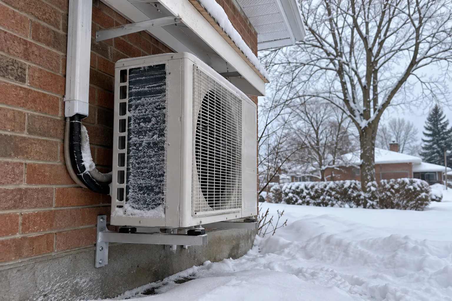 Unité extérieure de thermopompe sur support au-dessus de la neige contre une maison en brique